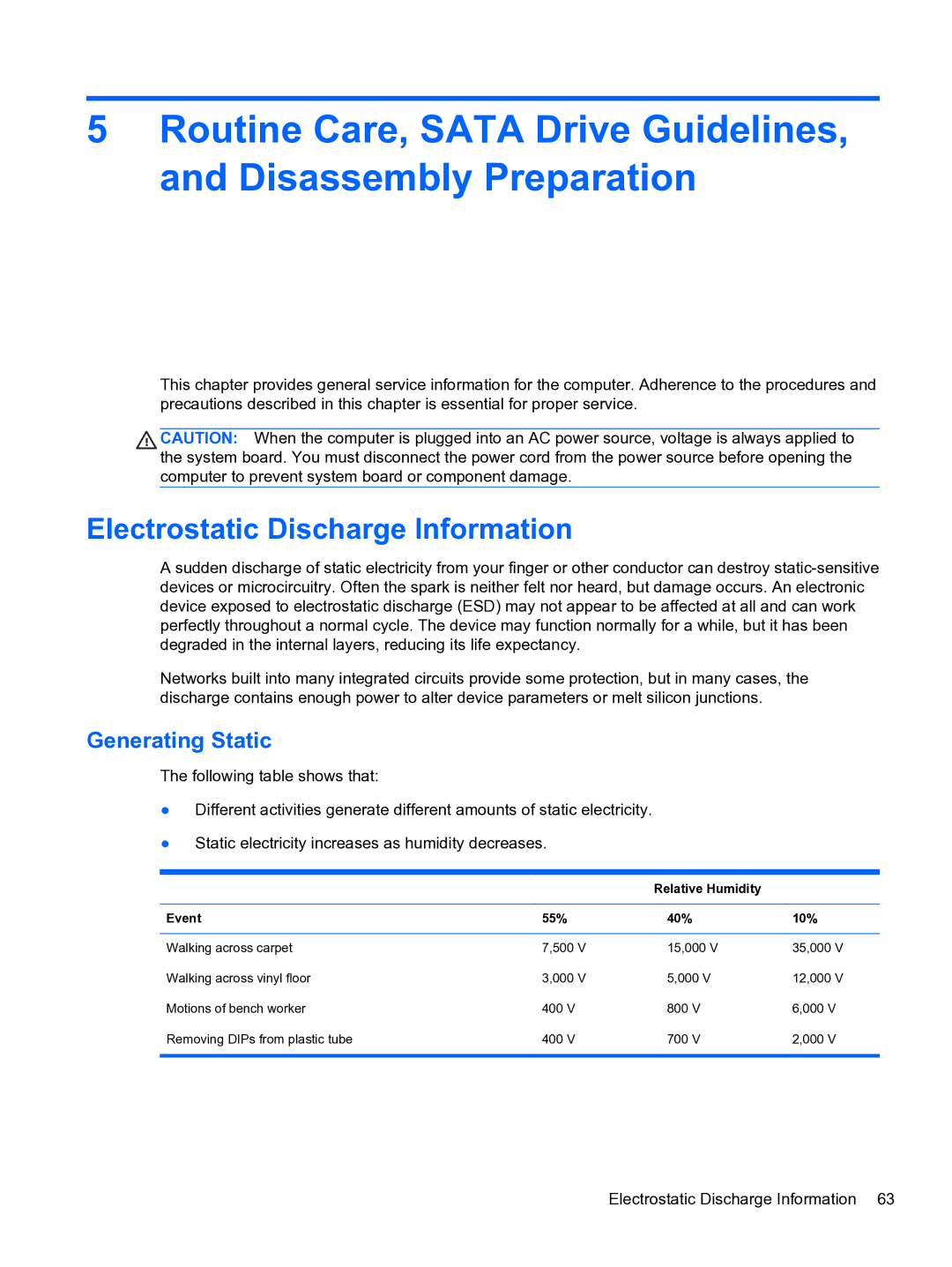 HP 8300e D8C26UTABA manual Electrostatic Discharge Information, Generating Static, Relative Humidity Event 55% 40% 10% 