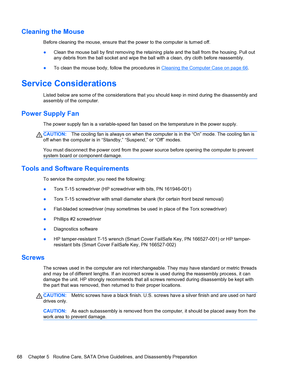 HP 8300e D8C26UTABA Service Considerations, Cleaning the Mouse, Power Supply Fan, Tools and Software Requirements, Screws 