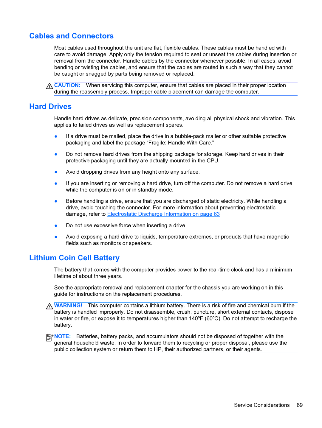 HP 8300e D8C26UTABA manual Cables and Connectors, Hard Drives, Lithium Coin Cell Battery 