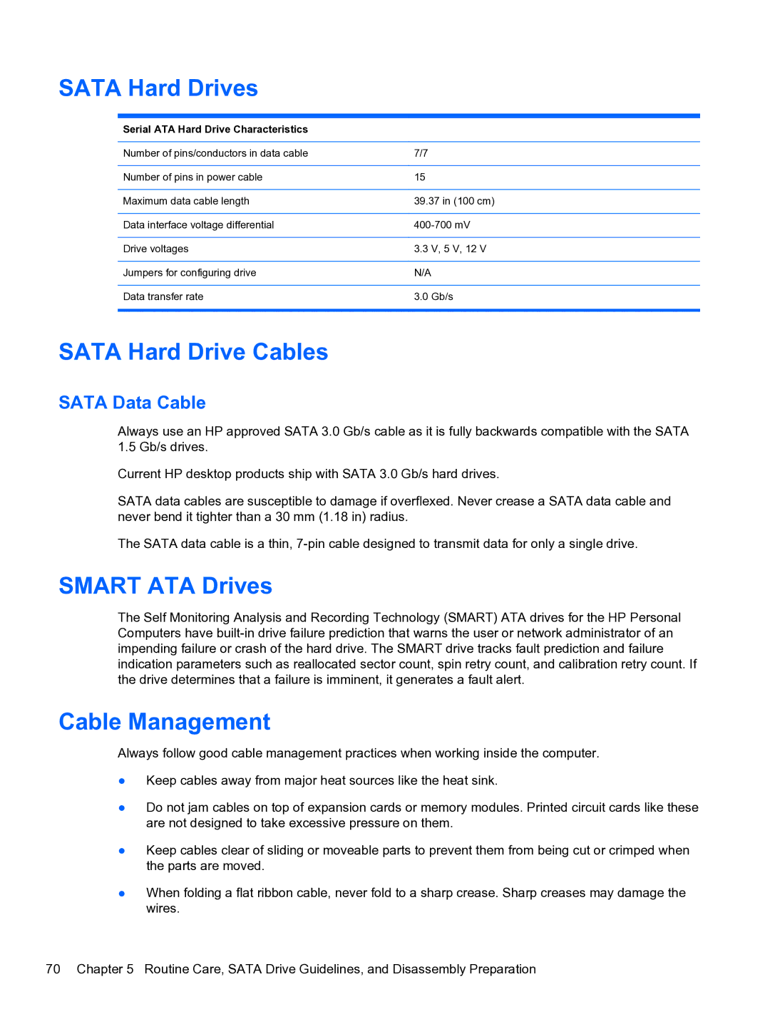 HP 8300e D8C26UTABA manual Sata Hard Drives, Sata Hard Drive Cables, Smart ATA Drives, Cable Management, Sata Data Cable 