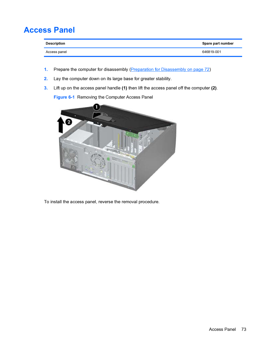 HP 8300e D8C26UTABA manual Access Panel, Description Spare part number Access panel 646819-001 