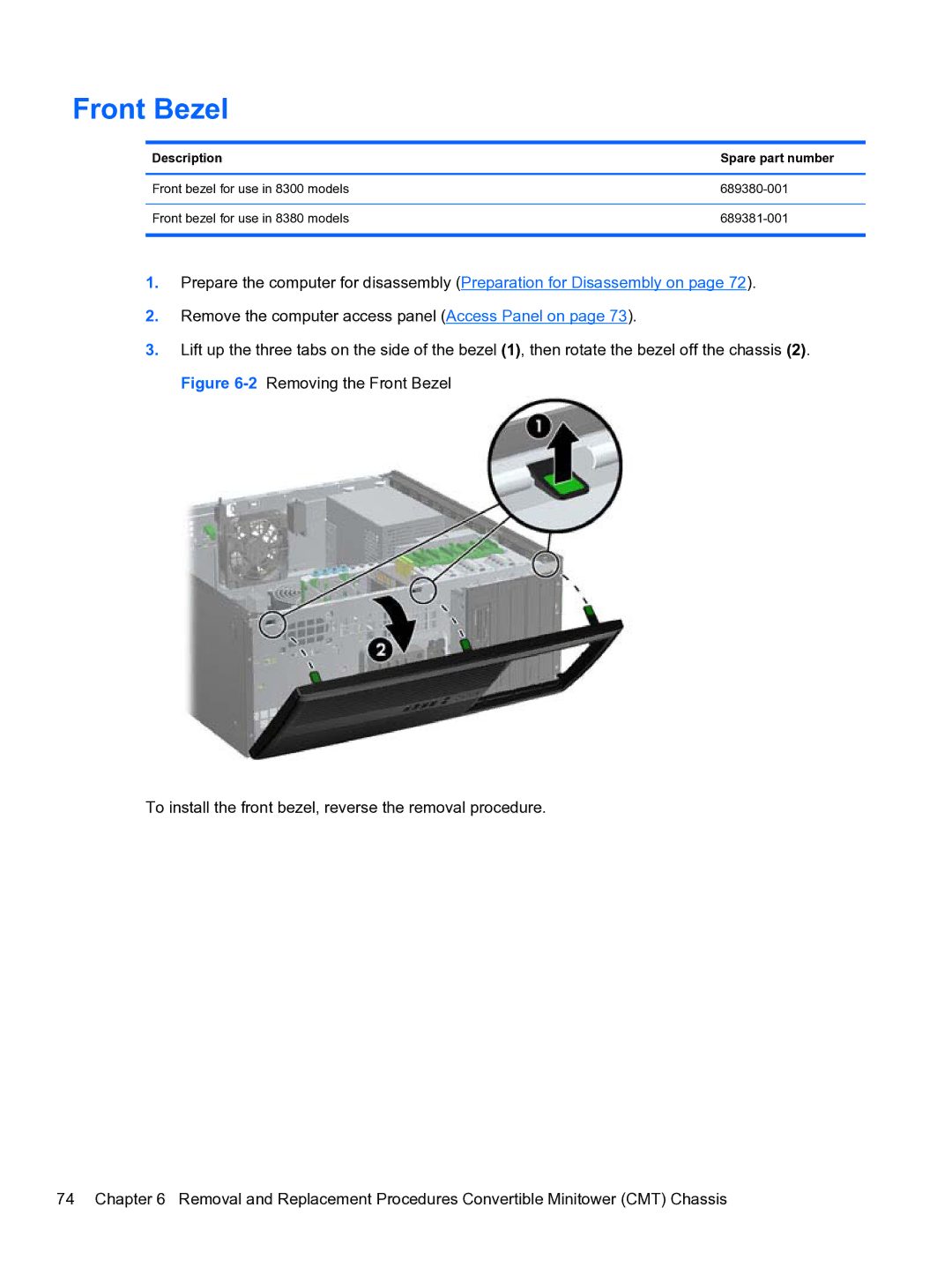 HP 8300e D8C26UTABA manual Front Bezel, Description Spare part number 