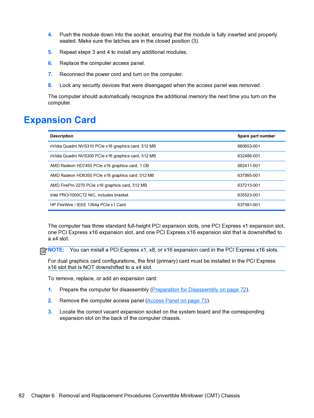 HP 8300e D8C26UTABA manual Expansion Card, Description Spare part number 