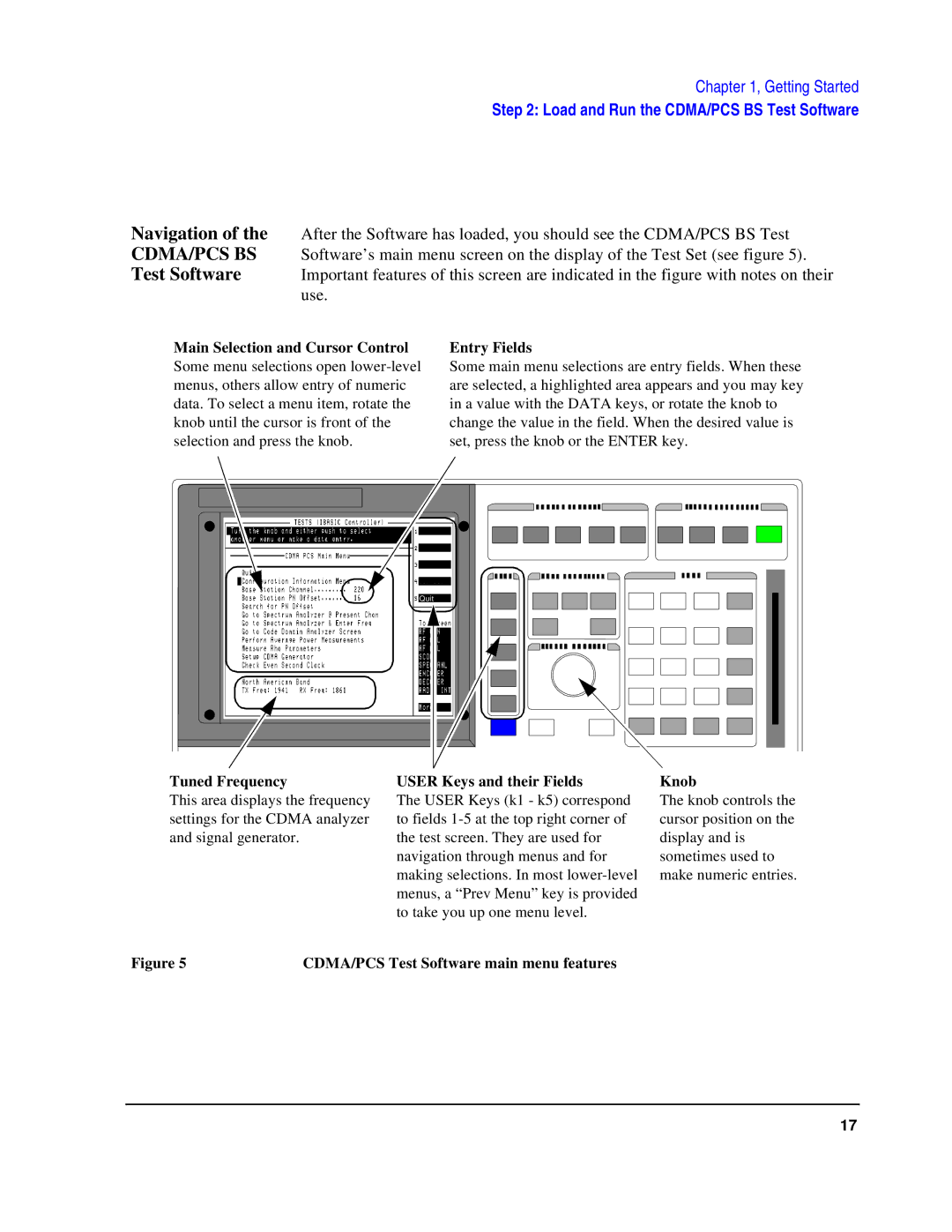 HP 83236B S Interface manual CDMA/PCS Test Software main menu features 