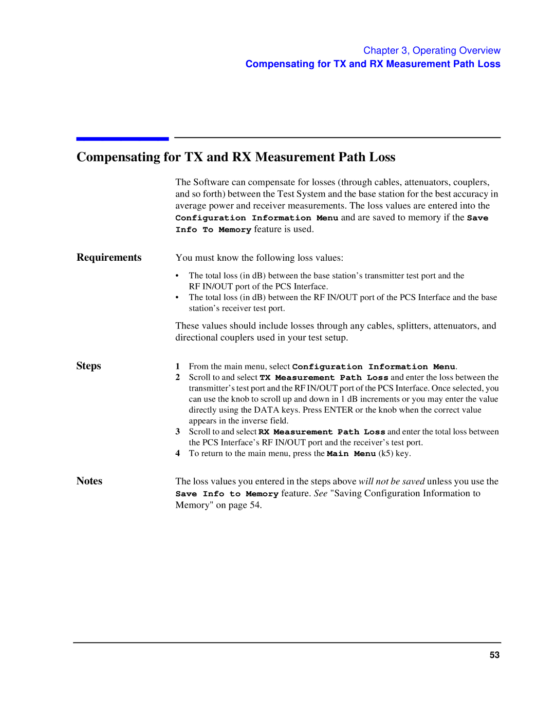 HP 83236B S Interface manual Compensating for TX and RX Measurement Path Loss, You must know the following loss values 