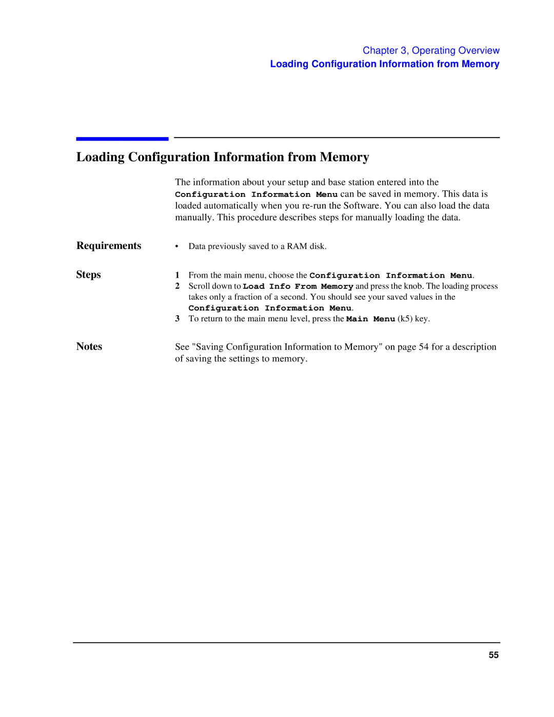 HP 83236B S Interface manual Loading Configuration Information from Memory, Requirements Steps 