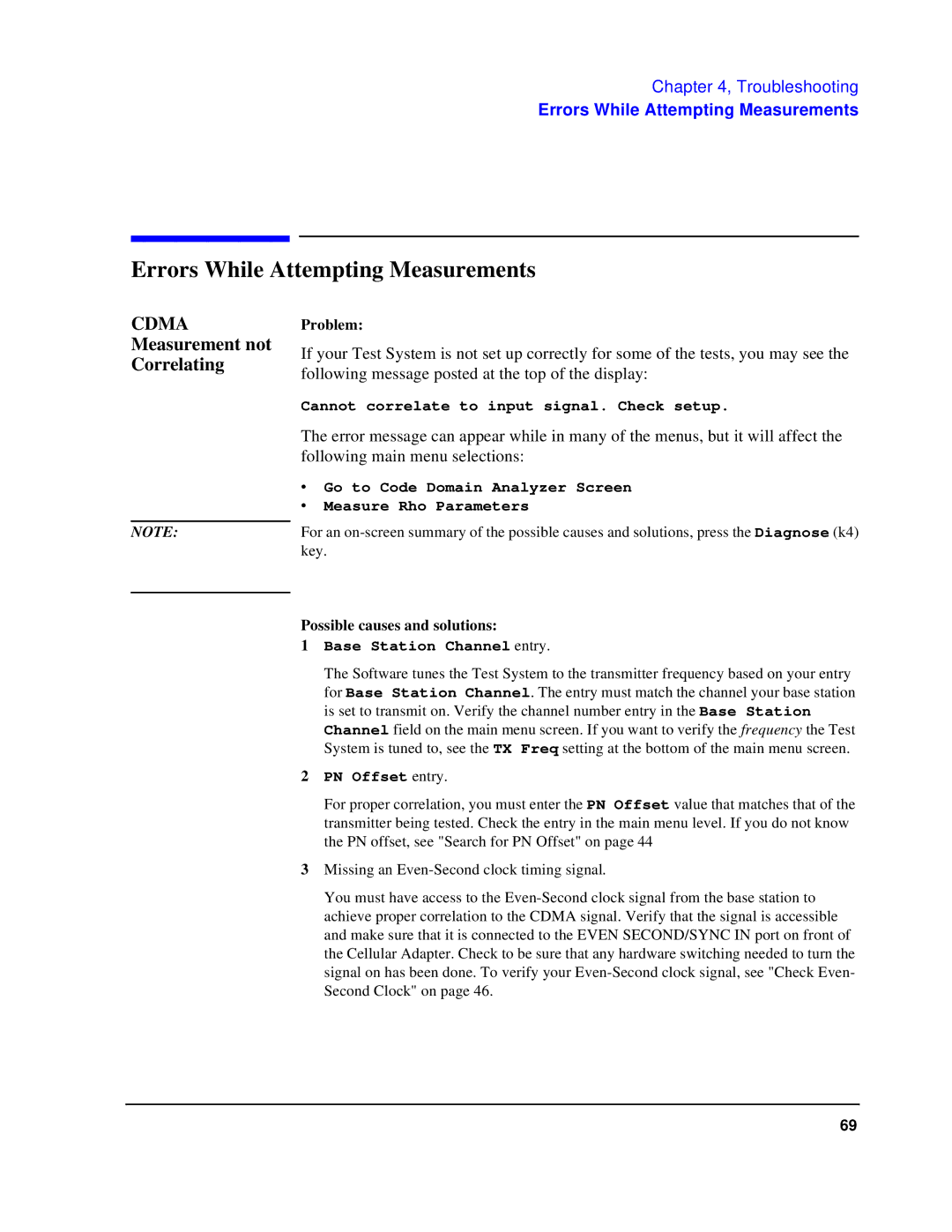 HP 83236B S Interface manual Errors While Attempting Measurements, Cdma Measurement not Correlating 