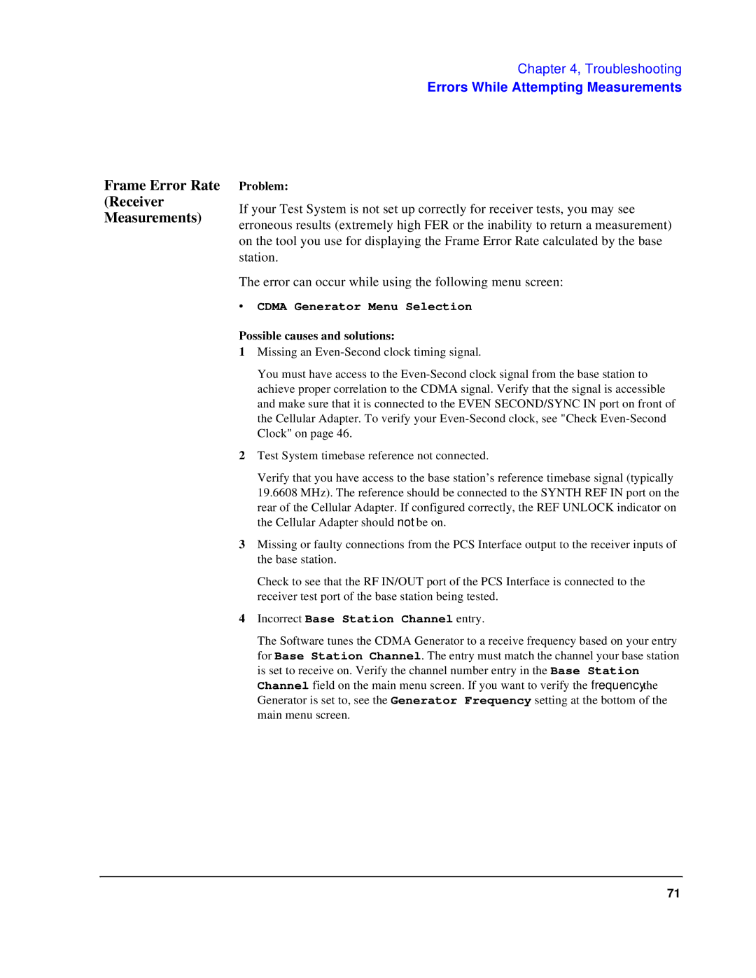 HP 83236B S Interface manual Frame Error Rate Receiver Measurements, Incorrect Base Station Channel entry 