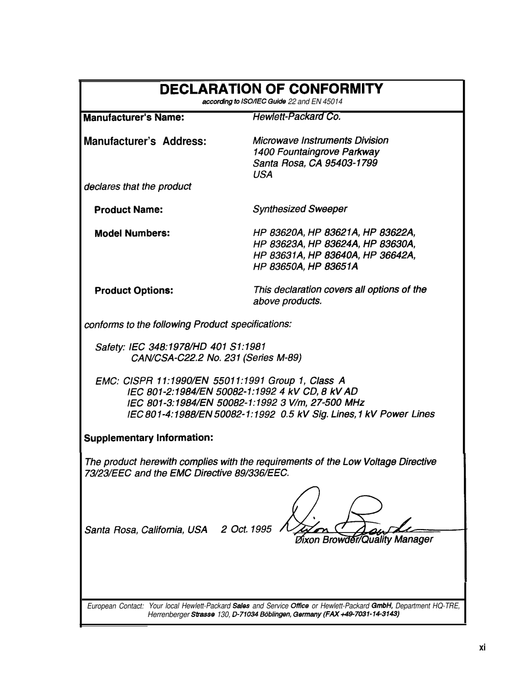 HP 8360 manual Declaration of Conformity, Manufacturer’s Address 