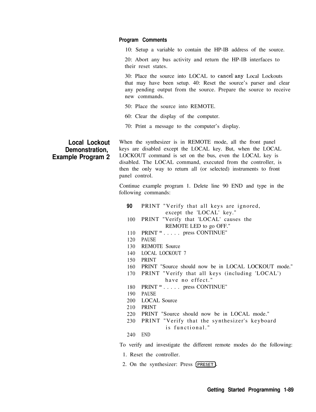 HP 8360 manual Local Lockout Demonstration Example Program, Program Comments, Pause, Local Lockout Print 