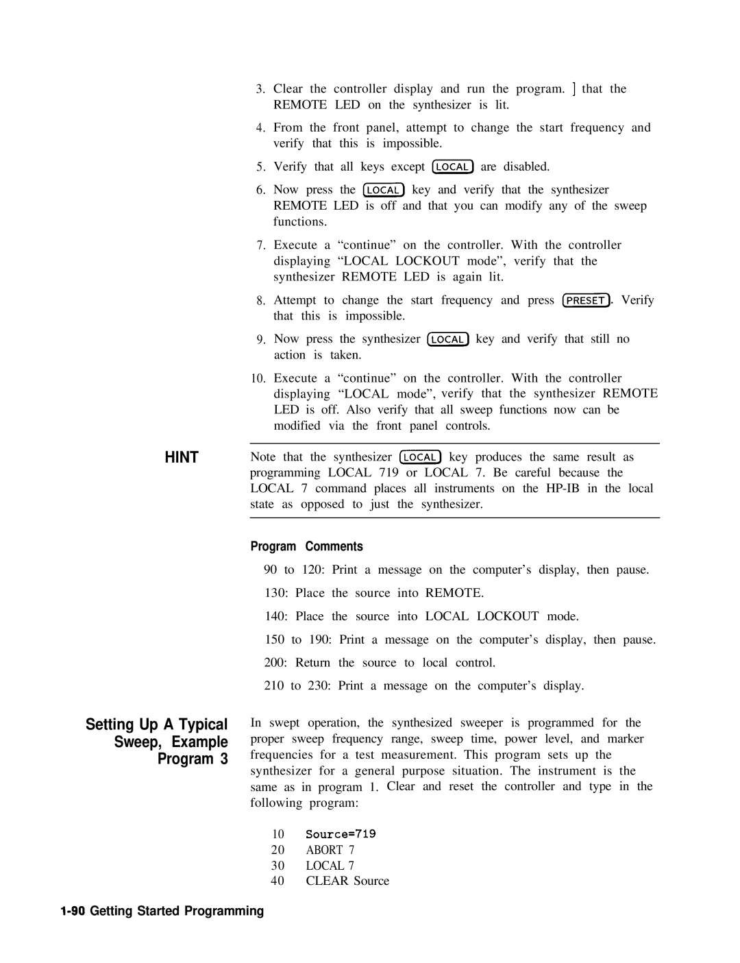 HP 8360 manual Hint, Setting Up a Typical Sweep, Example Program 