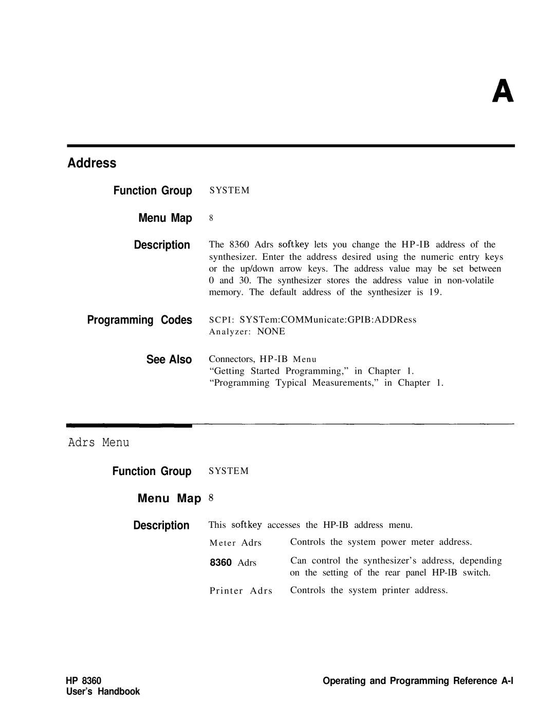 HP 8360 Address, Function Group Menu Map Description, Programming Codes See Also, Function Group System Menu Map, Adrs 