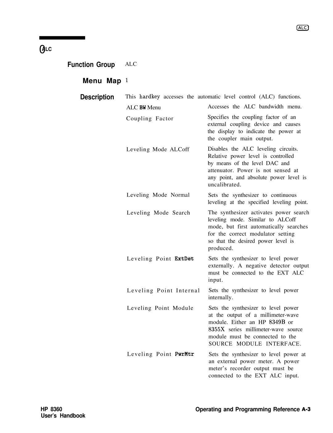 HP 8360 manual Function Group ALC Menu Map 