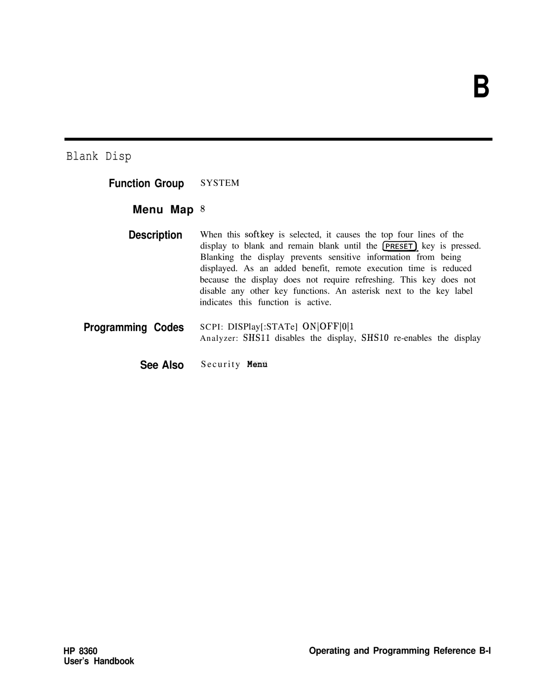 HP 8360 manual Blank Disp 