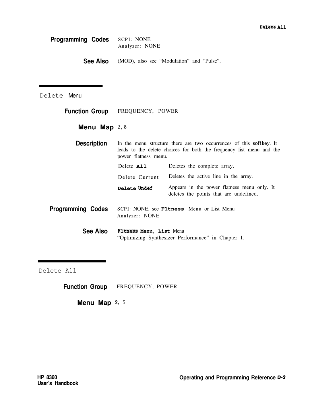 HP 8360 manual Delete Menu, Delete All, Menu Map 2,5, Menu Map ‘4 