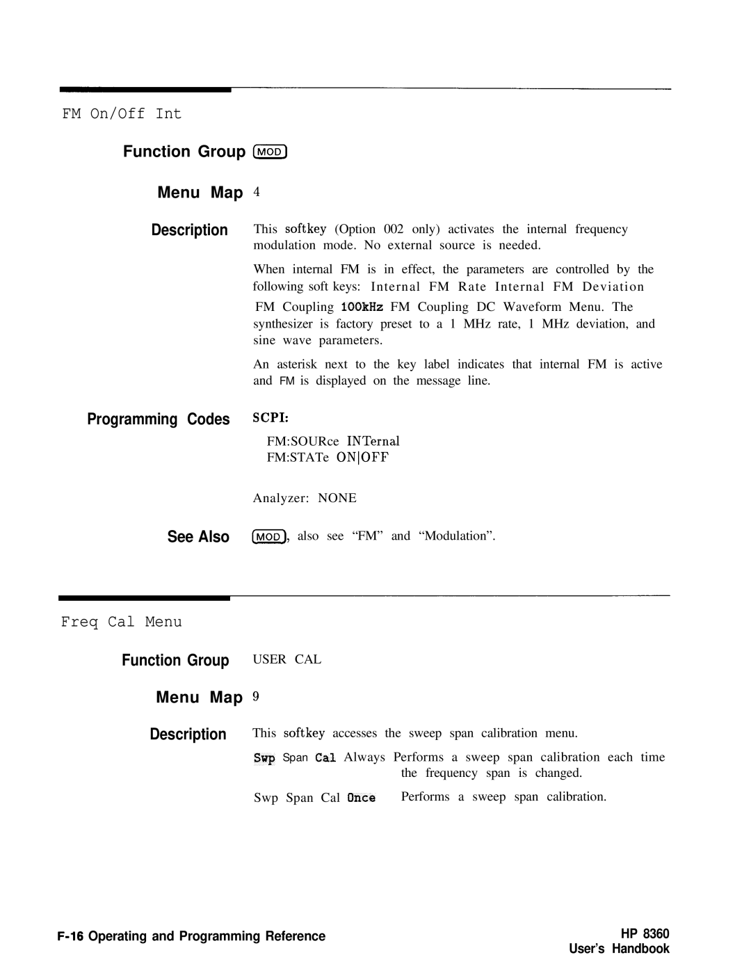 HP 8360 manual FM On/Off Int, Freq Cal Menu, Function Group IhnoD Menu Map 