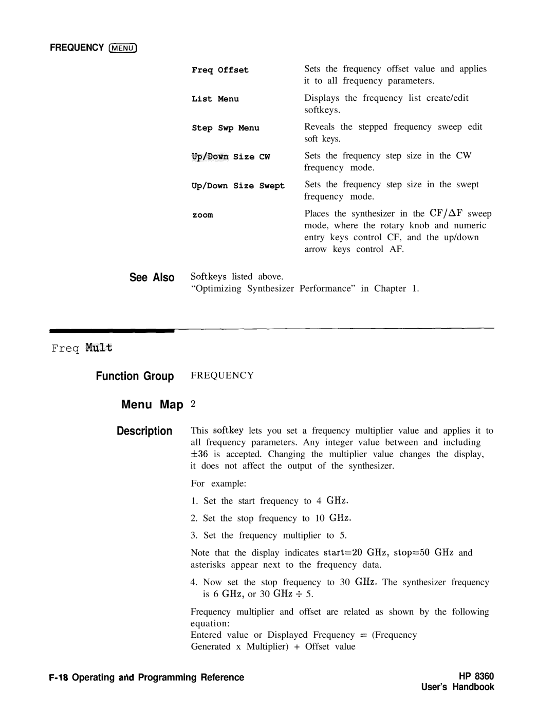 HP 8360 manual Freq Mult, Operating ahd Programming Reference 