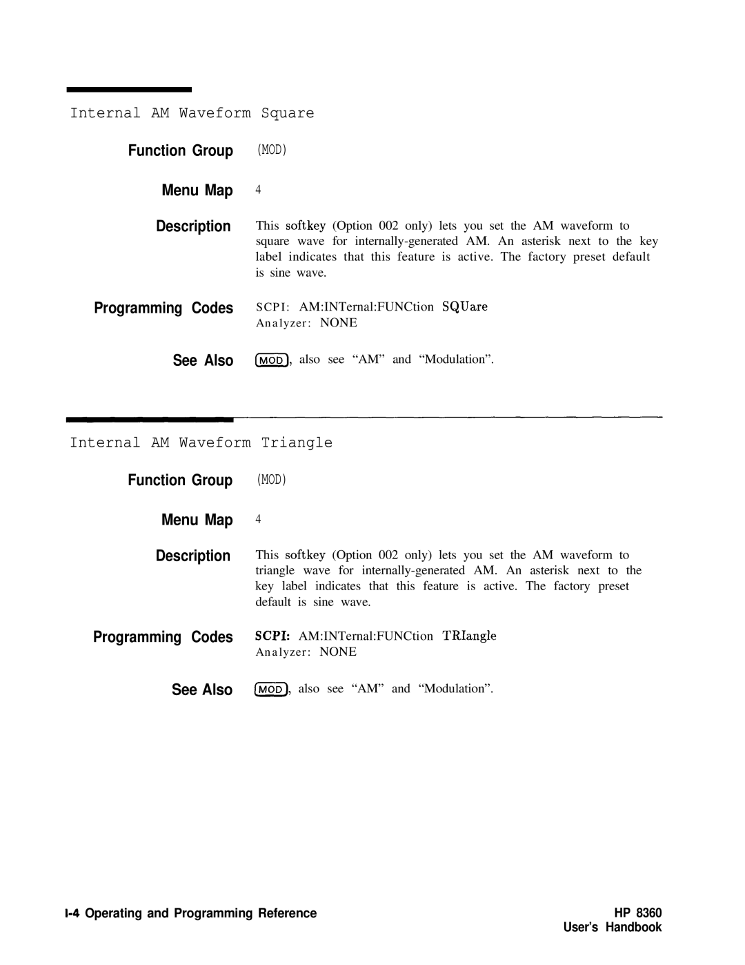 HP 8360 manual Internal AM Waveform Square, Internal AM Waveform Triangle 