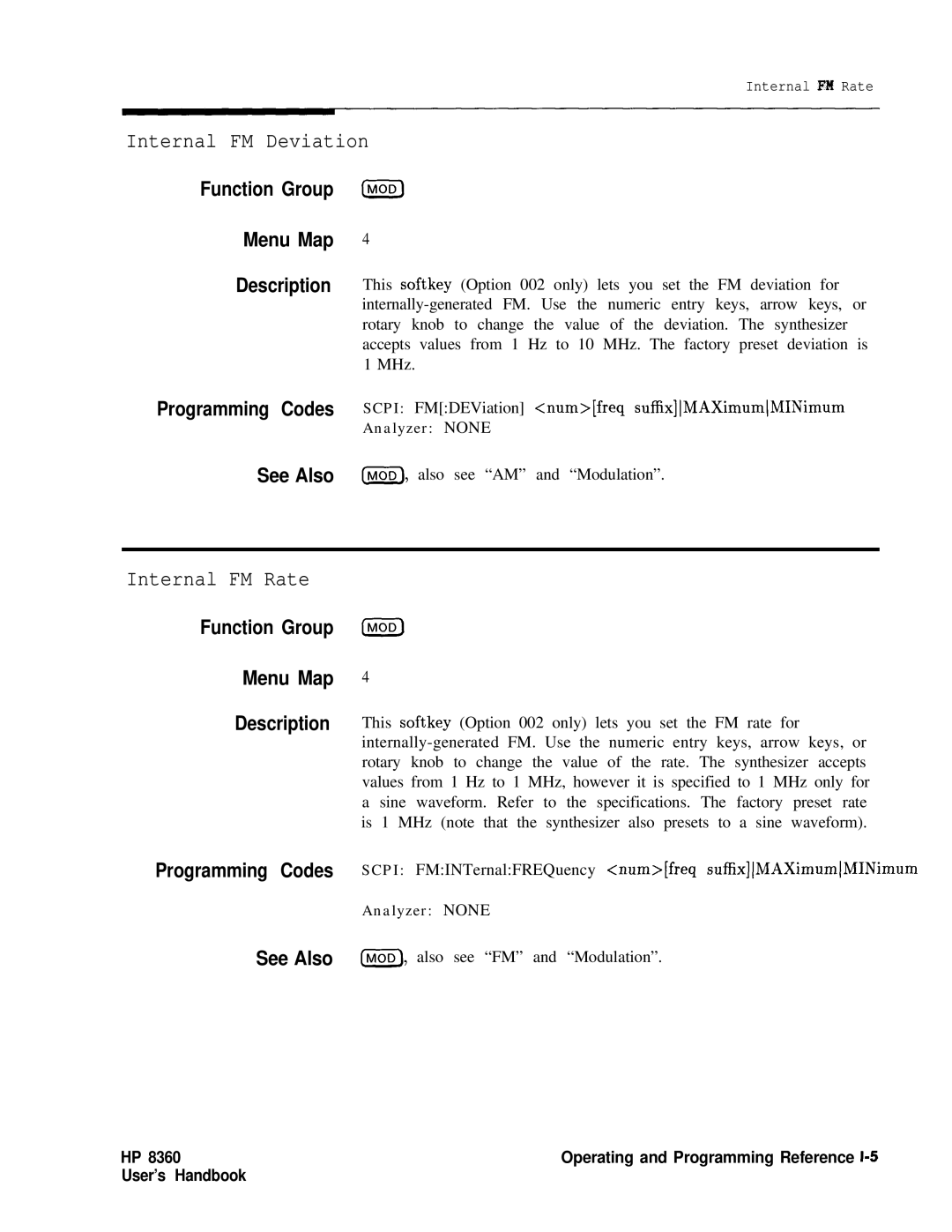 HP 8360 manual Internal FM Deviation, Internal FM Rate 