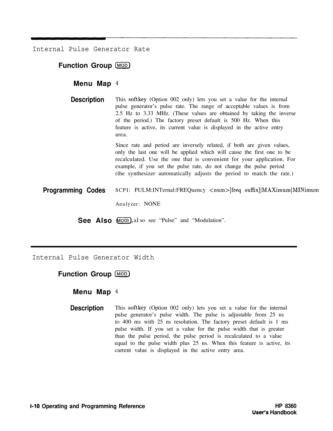 HP 8360 manual Internal Pulse Generator Rate, Internal Pulse Generator Width, Function Group Imod Menu Map 