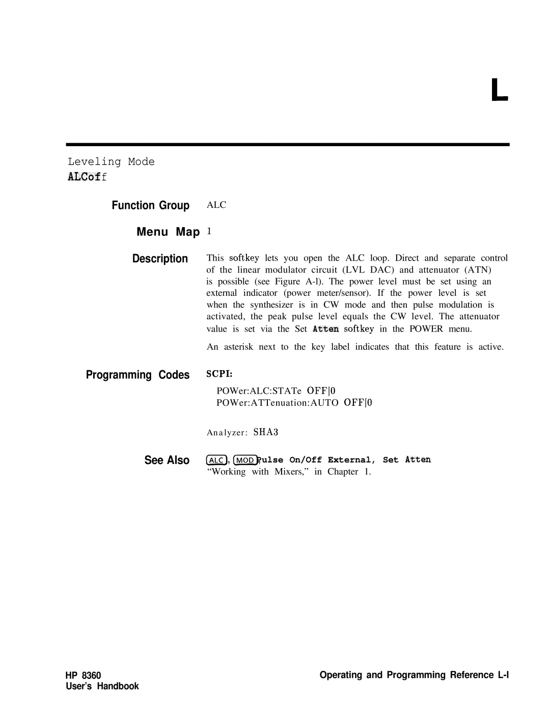 HP 8360 manual Leveling Mode ALCof f, Function Group ALC Menu Map 