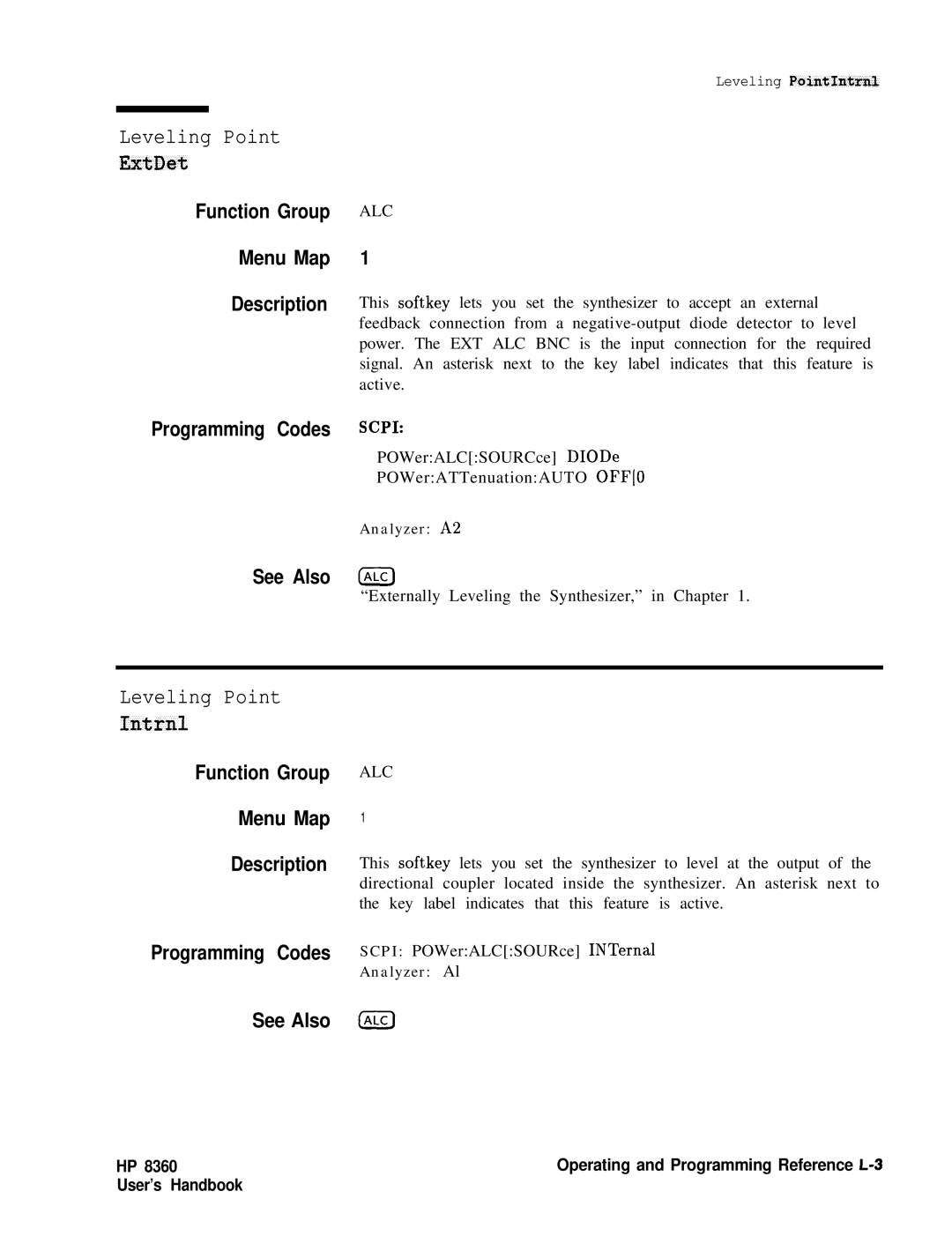 HP 8360 manual Leveling Point ExtDet, Leveling Point Intrnl 