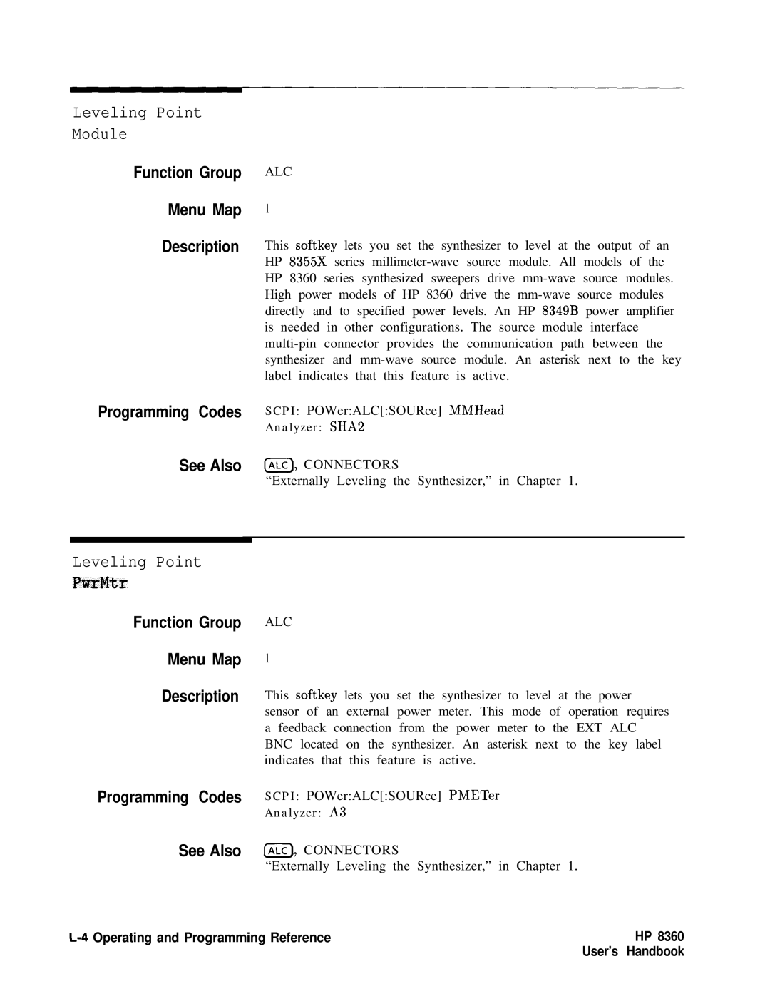 HP 8360 manual Leveling Point Module, Leveling Point PwrMtr, ALC, Connectors 