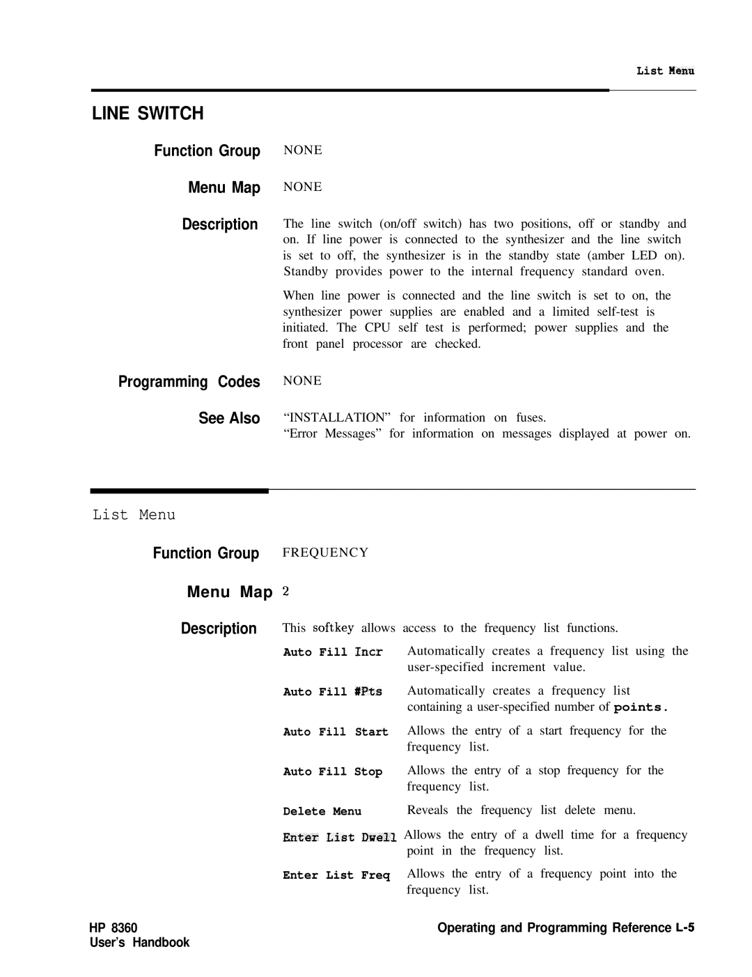 HP 8360 manual List Menu, Programming Codes See Also 