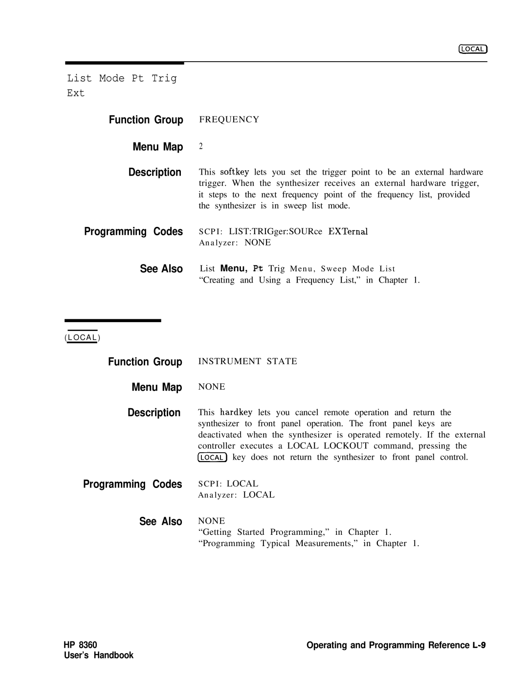 HP 8360 manual List Mode Pt Trig Ext, Instrument State None 