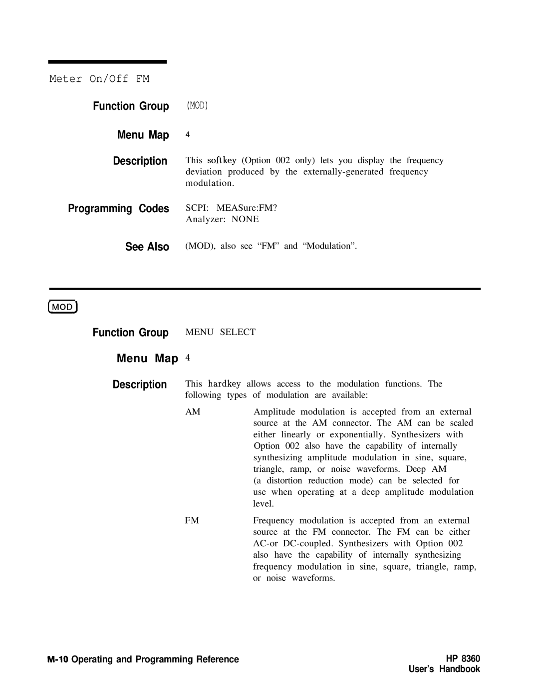HP 8360 manual Meter On/Off FM, Programming Codes Scpi MEASureFM? 