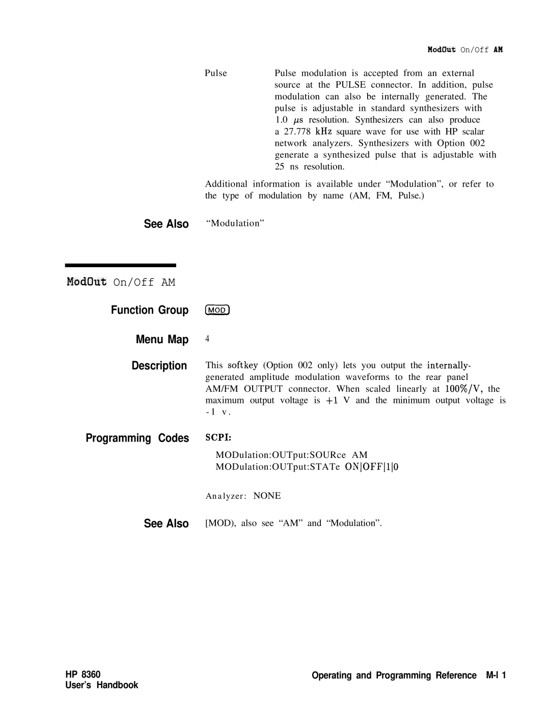 HP 8360 manual ModOut On/Off AM, Programming Codes Scpi 