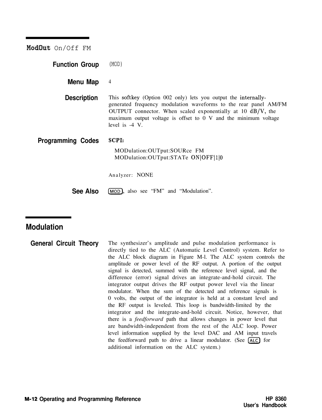 HP 8360 manual Modulation, ModOut On/Off FM 