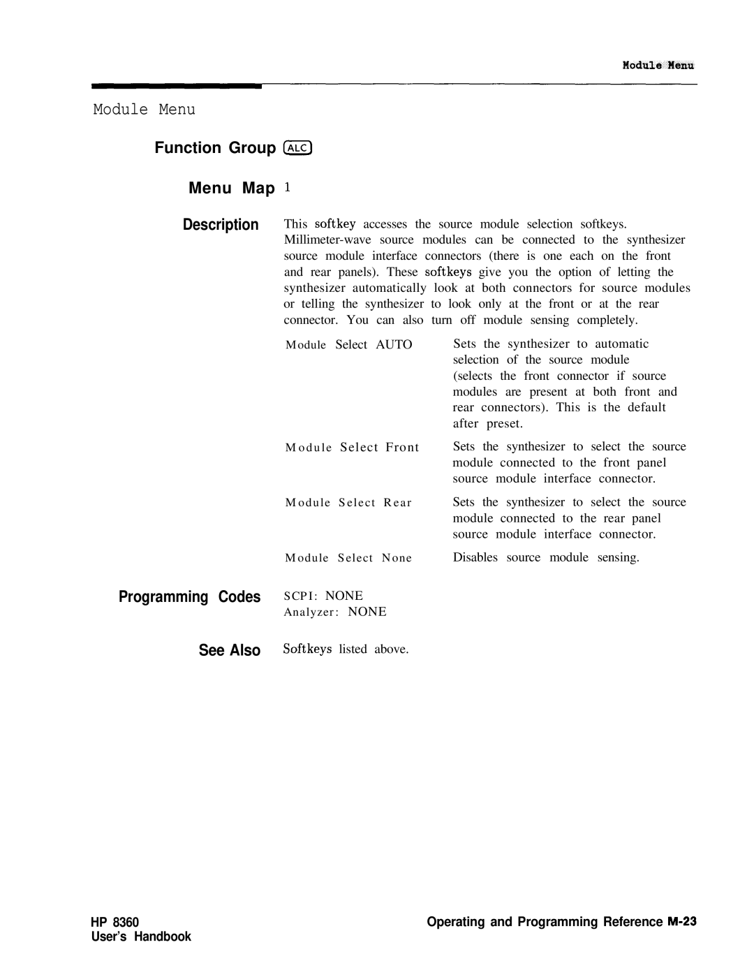 HP 8360 manual Module Menu, Function Group ALC Menu Map 