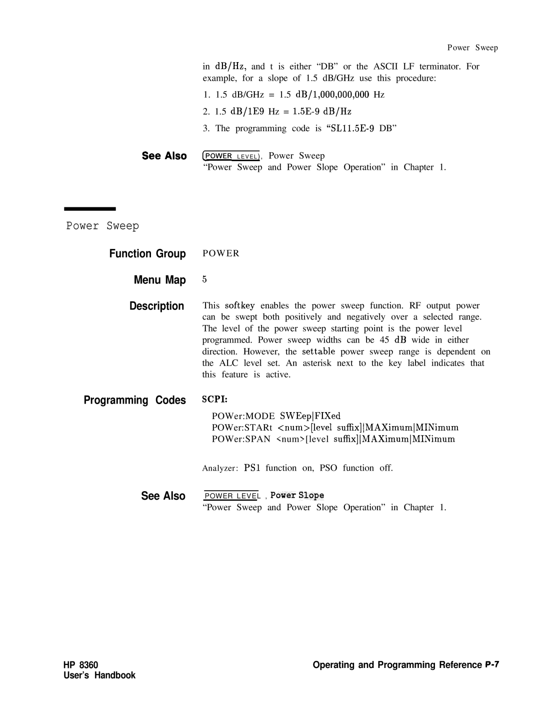 HP 8360 manual Power Sweep, Function Group Menu Map Description 