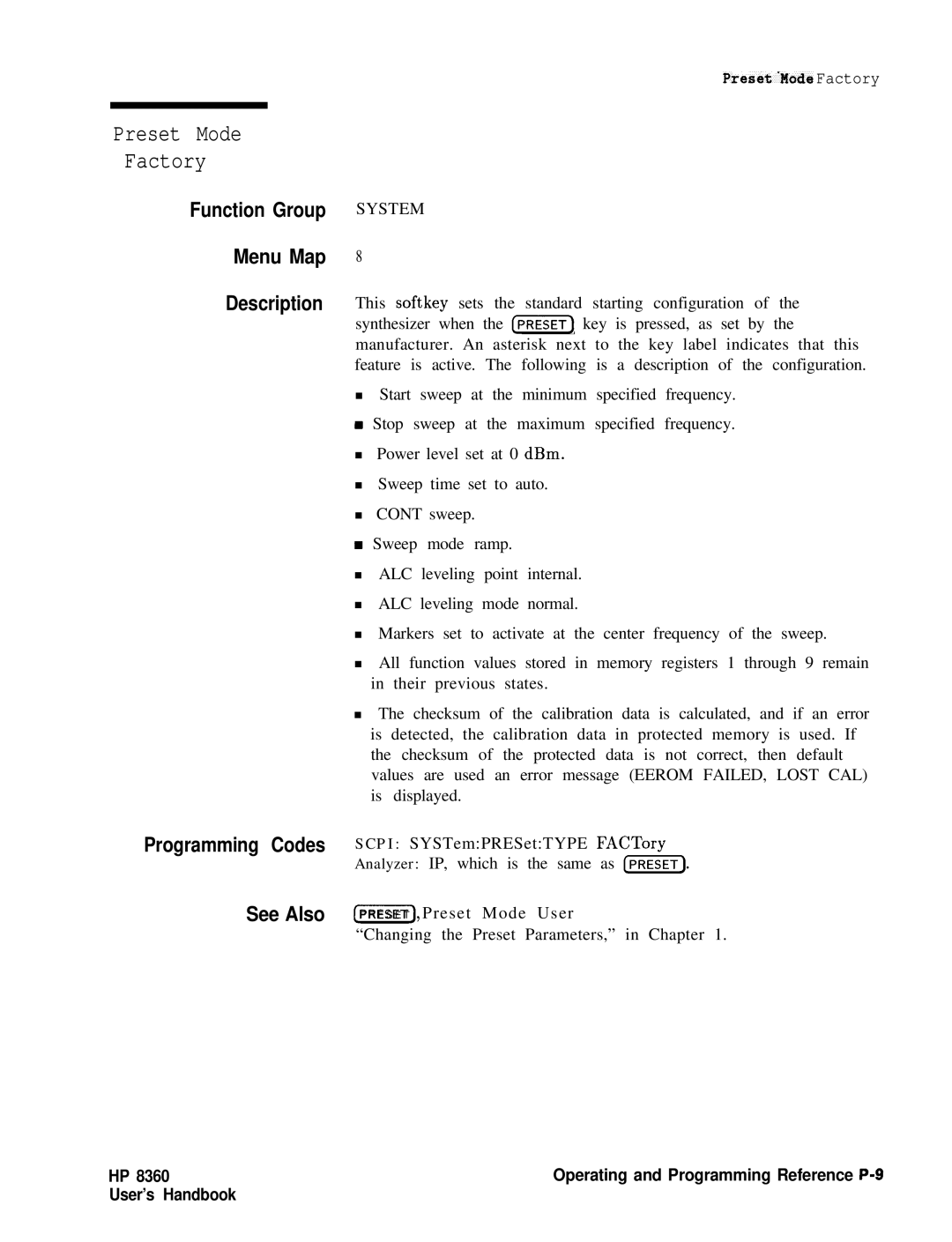 HP 8360 manual Preset Mode Factory, System 
