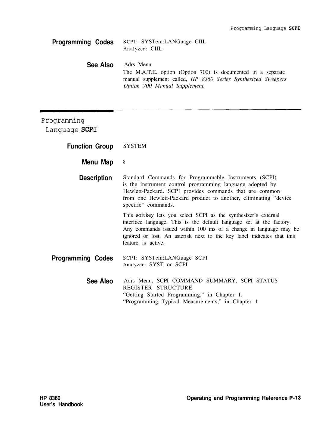 HP 8360 manual Programming Language Scpi 