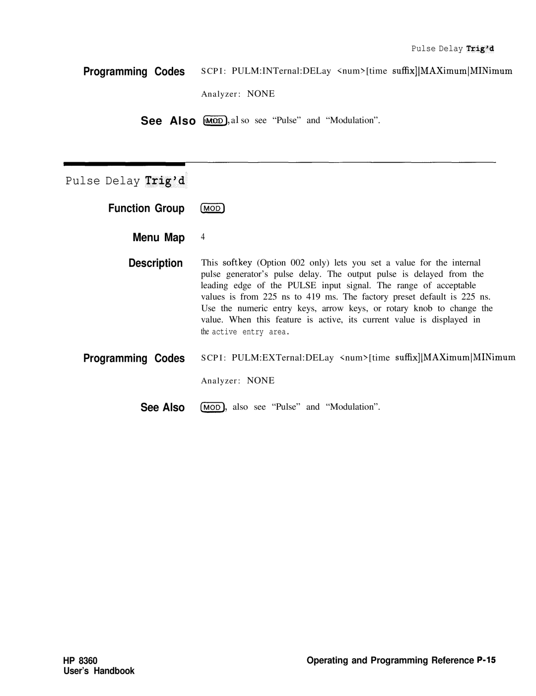 HP 8360 manual Pulse Delay Trigd, Function Group Menu Map Description IhnoD1 