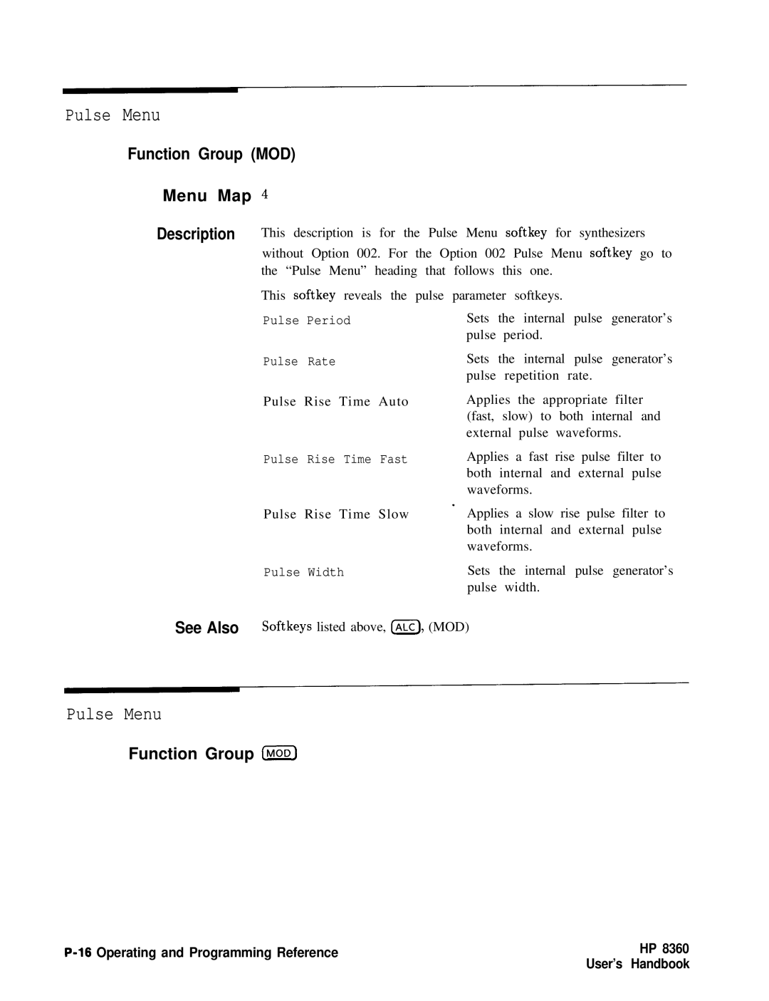 HP 8360 manual Pulse Menu, Function Group MOD 