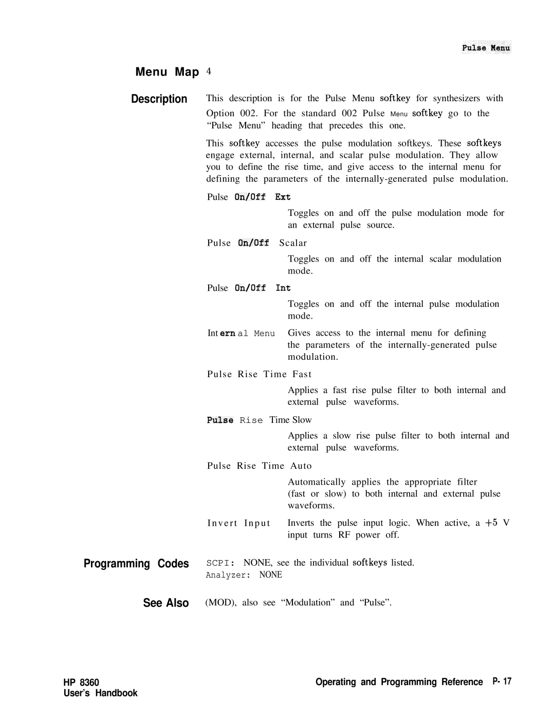 HP 8360 manual Pulse an/Off Ext 