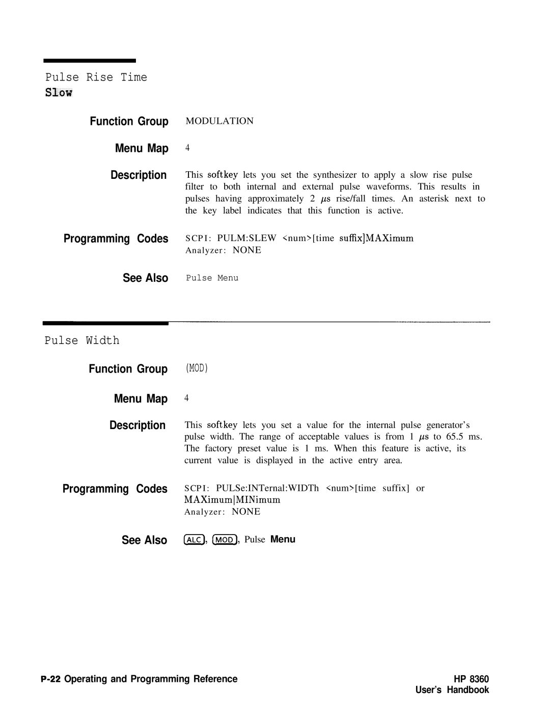 HP 8360 manual Pulse Rise Time SlQW, Pulse Width 