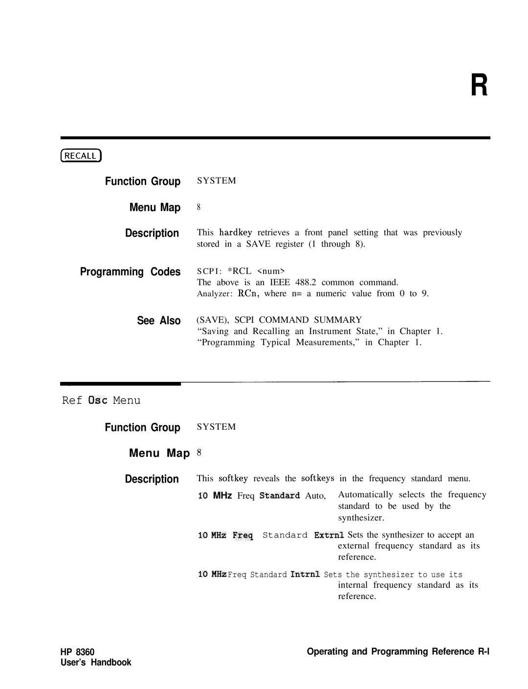 HP 8360 manual Ref Osc Menu, Function Group Menu Map Description Programming Codes 