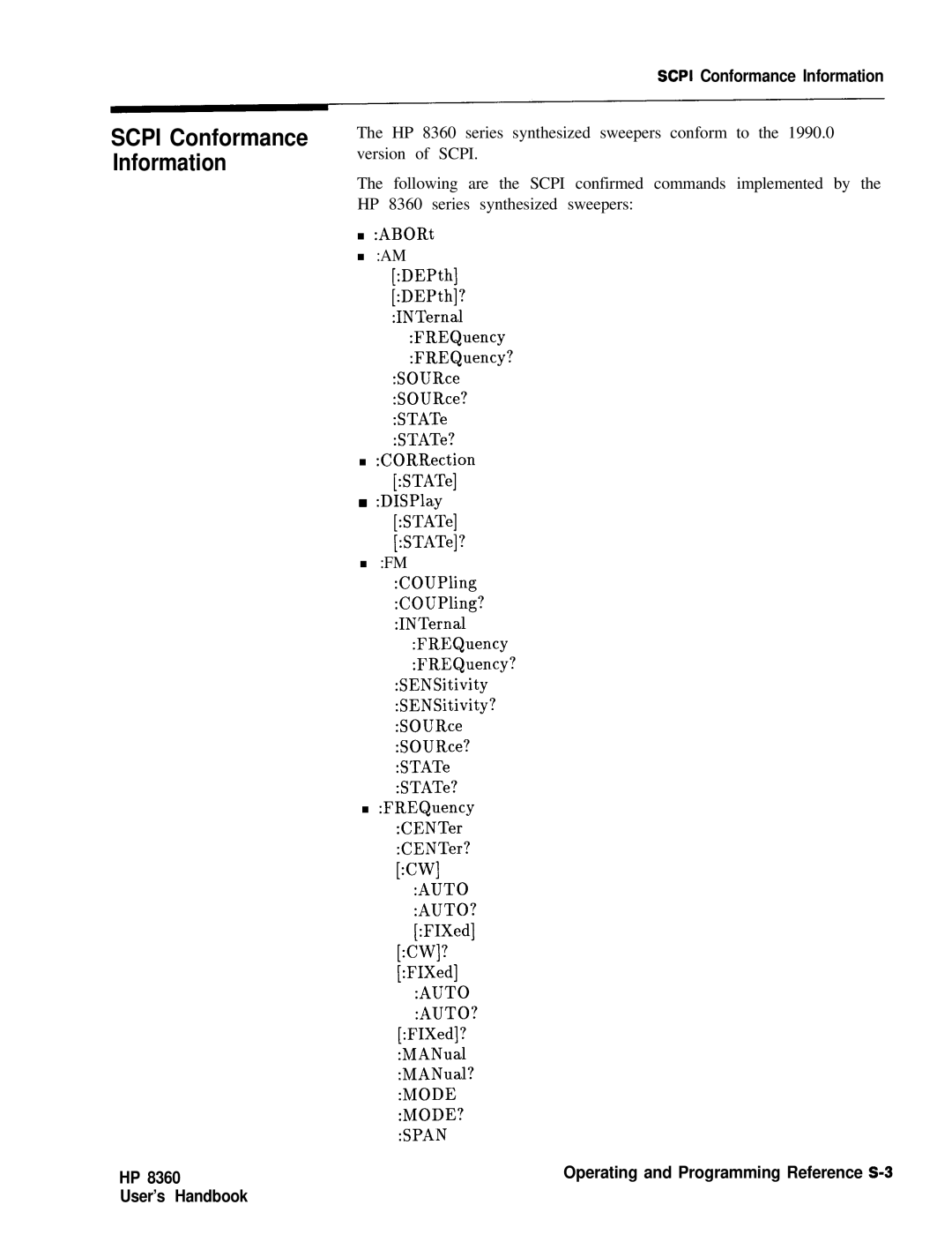 HP 8360 User’s Handbook Scpi Conformance Information, Auto AUTO?, Mode MODE? Span, Operating and Programming Reference S-3 