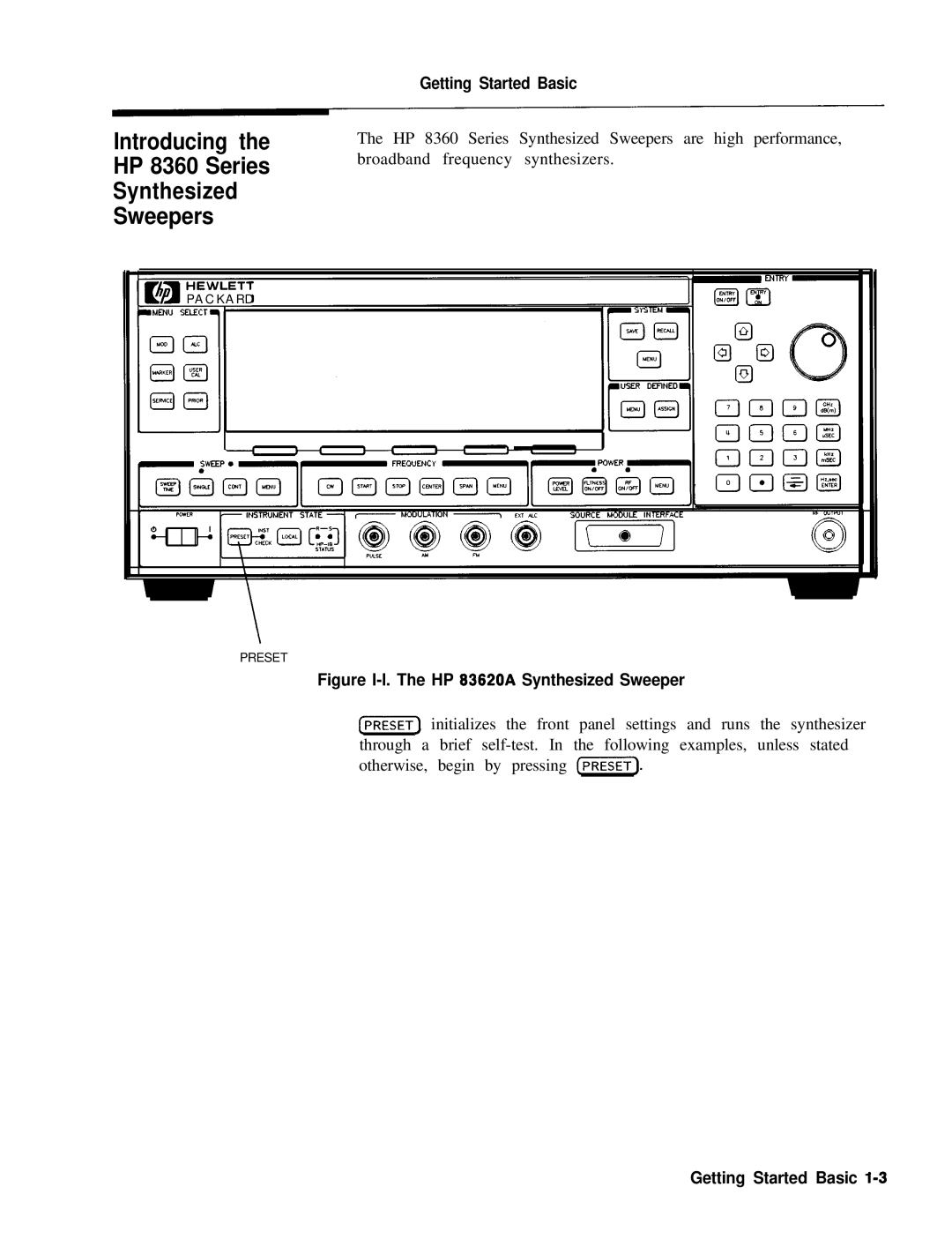 HP manual Introducing HP 8360 Series Synthesized Sweepers, Getting Started Basic l-3 