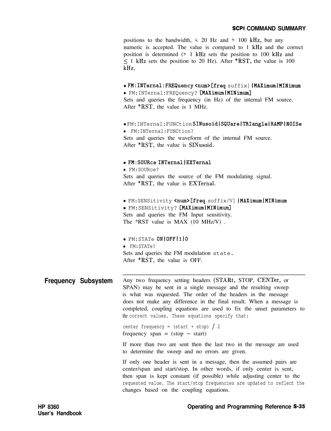 HP 8360 manual Frequency Subsystem 