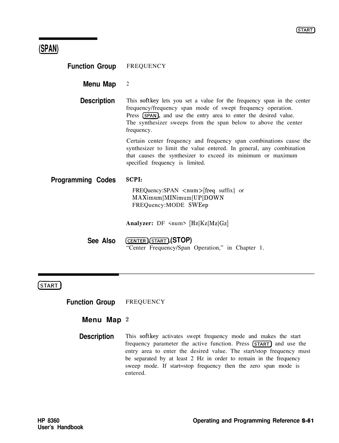 HP 8360 manual Span, See Also CENTER,ETxq,STOP 