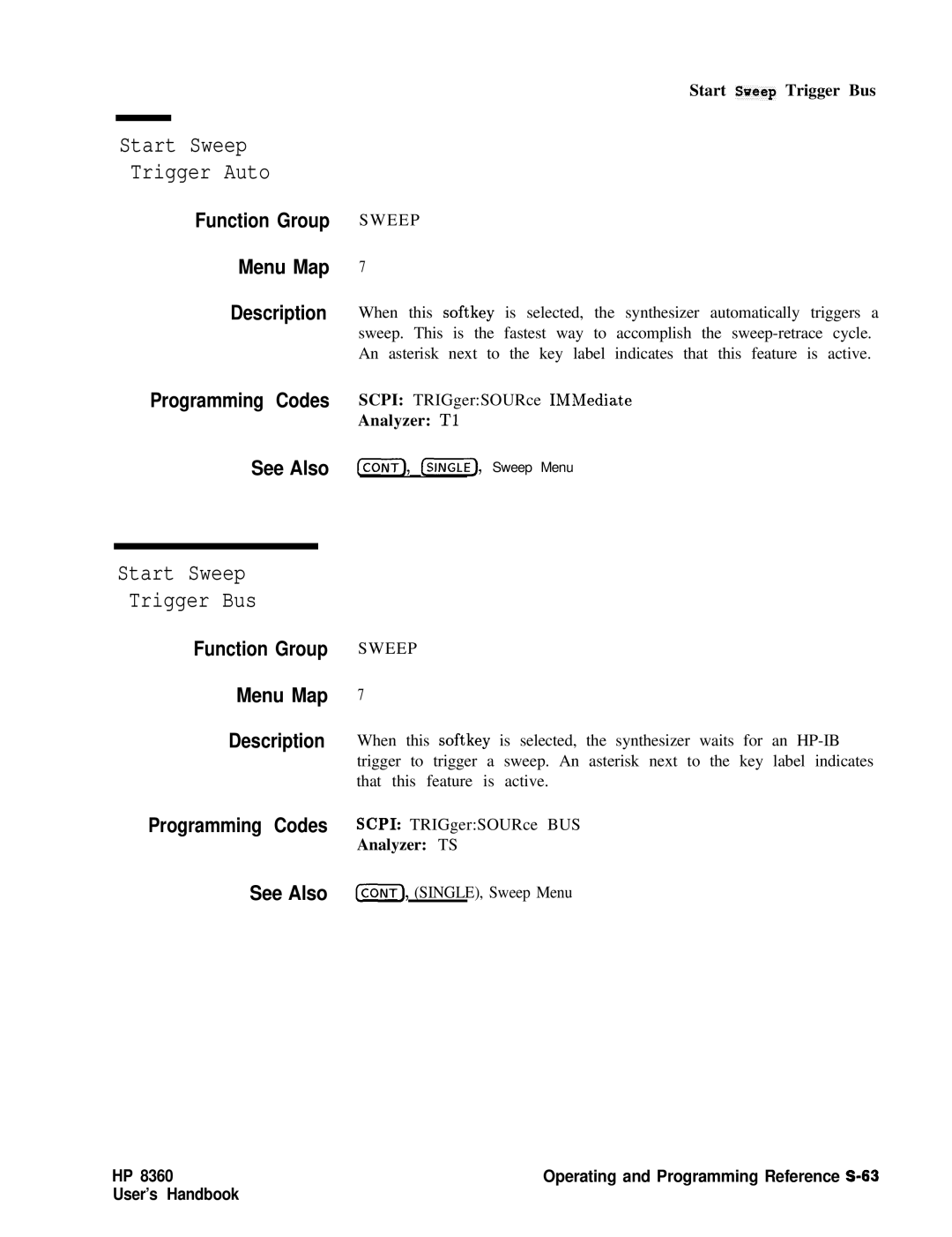 HP 8360 manual Start Sweep Trigger Auto, Start Sweep Trigger Bus, See Also CONT, -1, Sweep Menu 