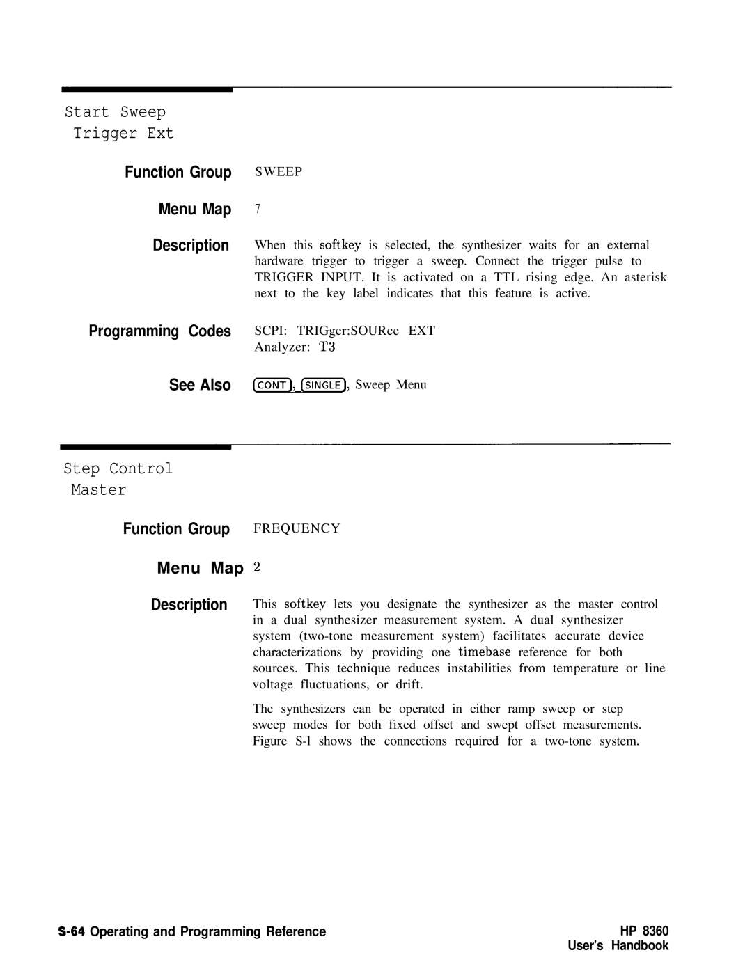 HP 8360 manual Start Sweep Trigger Ext, Step Control Master 
