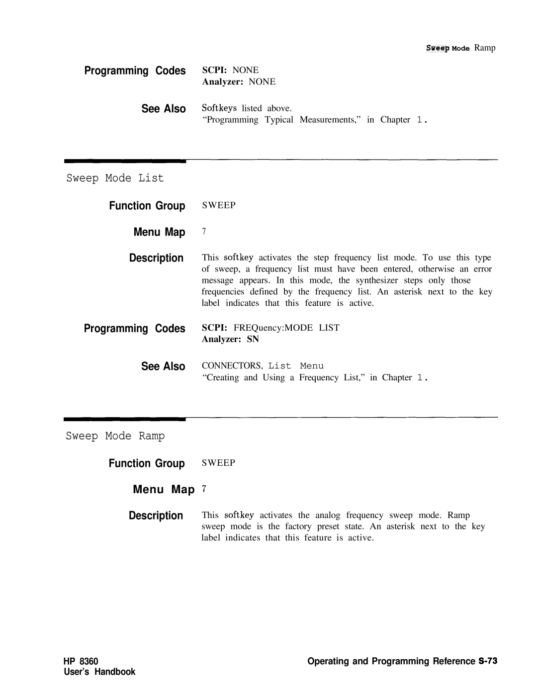 HP 8360 manual Sweep Mode List, Sweep Mode Ramp 