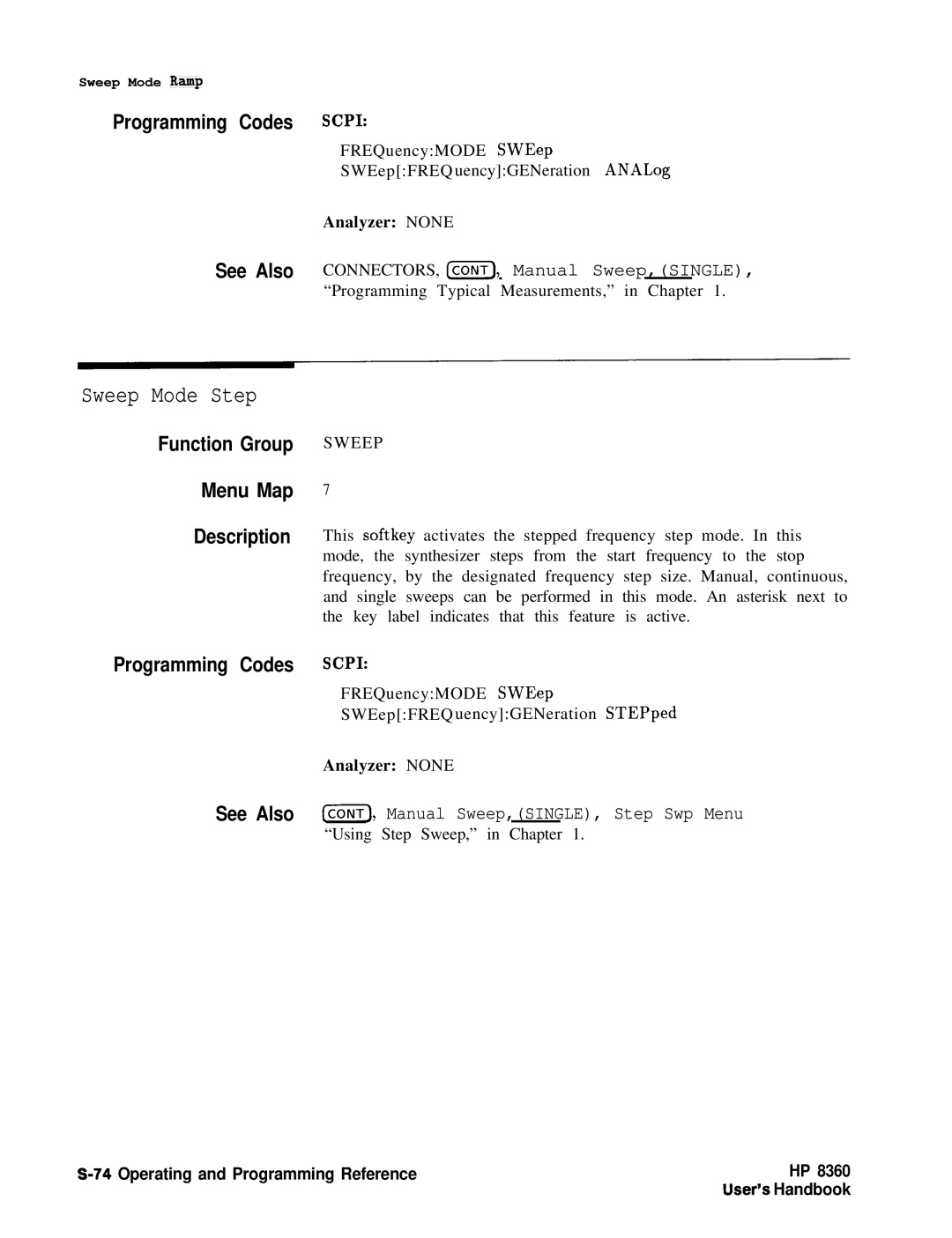 HP 8360 manual Sweep Mode Step, See Also E, Manual Sweep,SINGLE, Step Swp Menu 