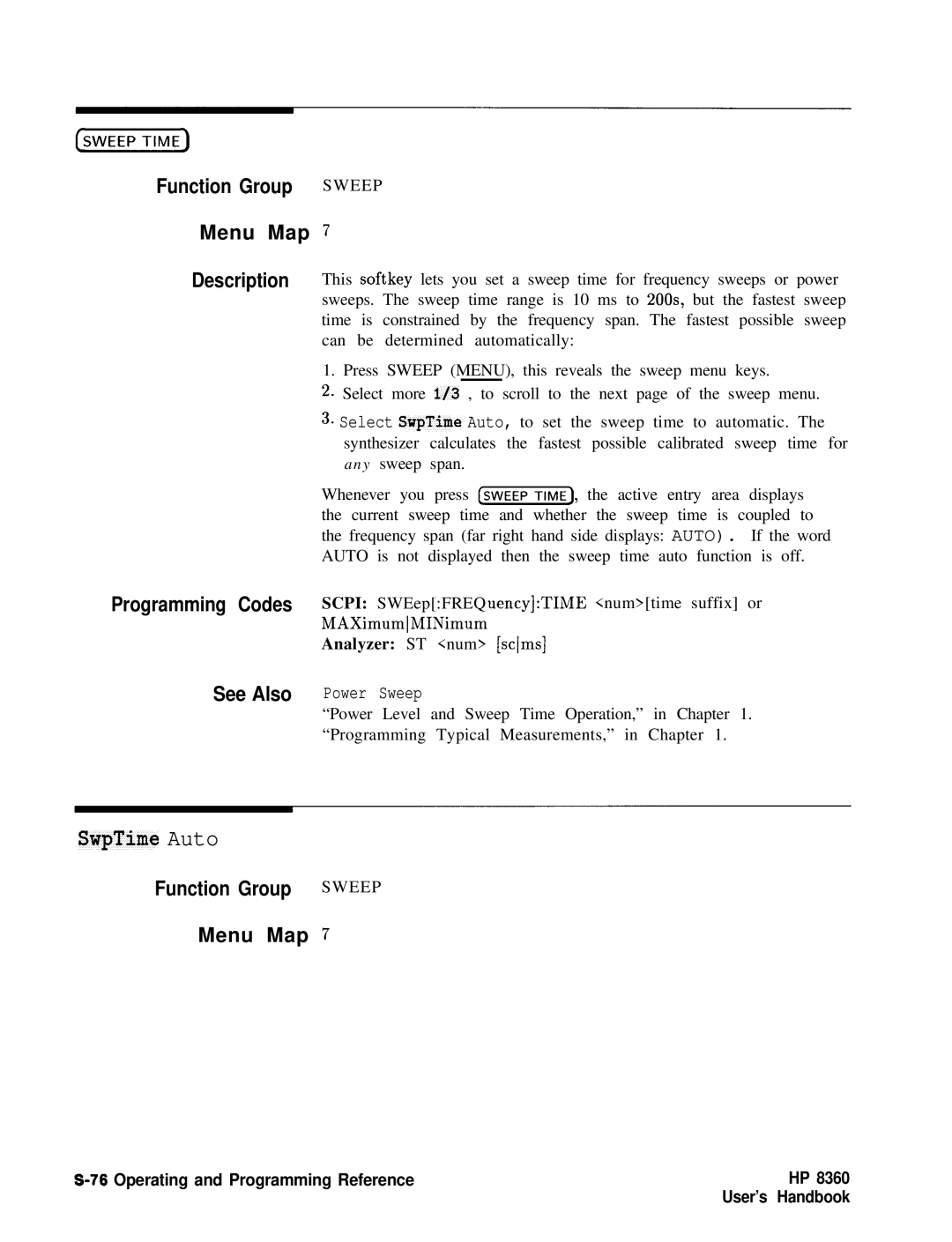 HP 8360 manual Sweep, SwpTime Auto 